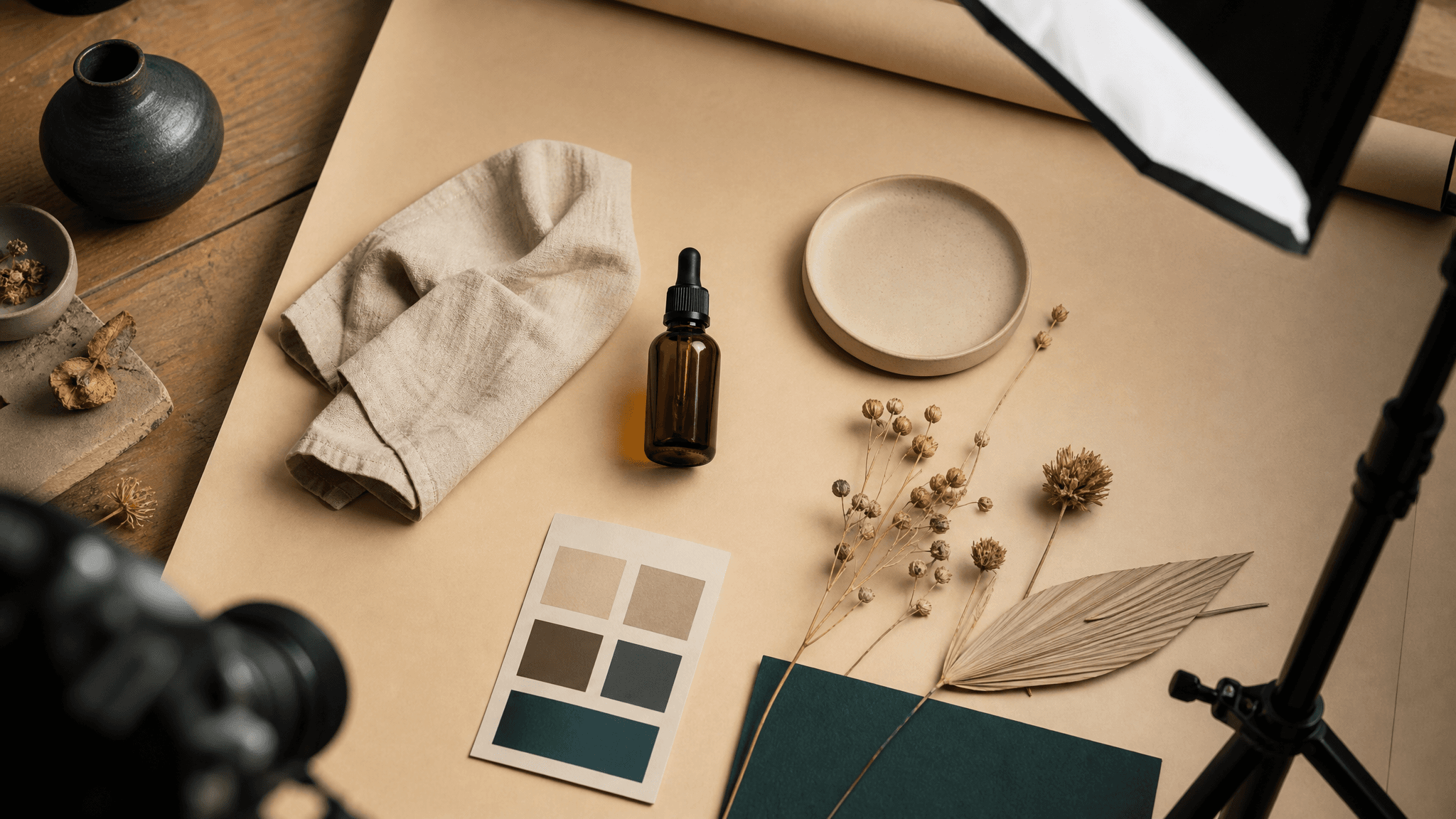 A product photography studio bench with unbranded objects