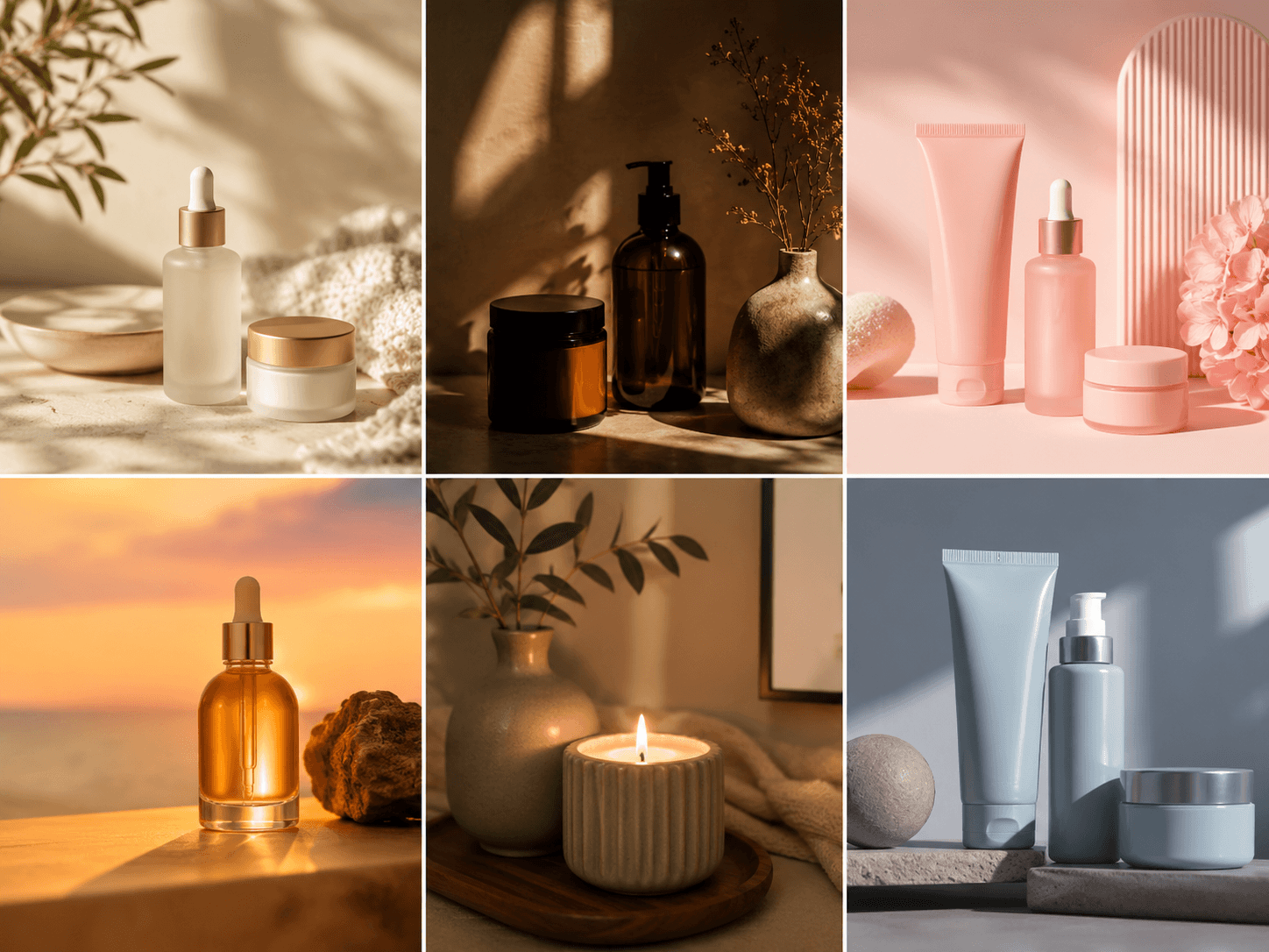 A grid of product vignettes in different lighting moods